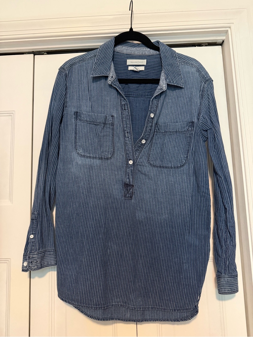 Treasure & Bond Blue Pinstripe Button-Down Popover Shirt
